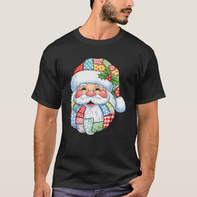 Camiseta Retro Patchwork Santa Claus Feliz de Natal (Frente)