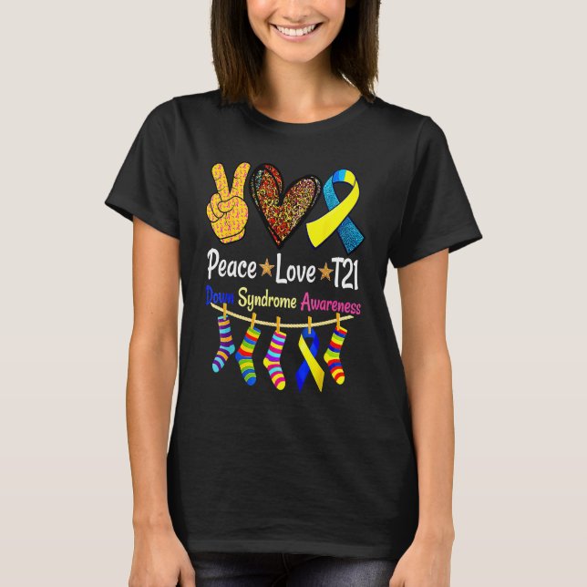 Camiseta Retro Peace Love Cure Blue World Down Syndrome Awa (Frente)