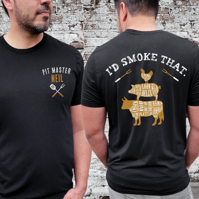 Camiseta Retro Pit Mestre Nome Personalizado Engraçado Eu F (I'd Smoke That Smoker Grill Gift with Pit Master Name, retro vintage cow chicken pig, grilling forks)