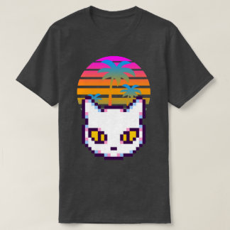 Camiseta Retro Pixel Kitty Cat Palm Trees Sunset