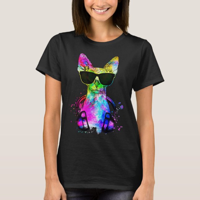 Camiseta Retro Pop Sphynx Cat Retrato com Fones de ouvido (Frente)
