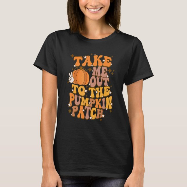 Camiseta Retro Queda Leva-Me Ao Pumpkin Patch Groovy Que (Frente)