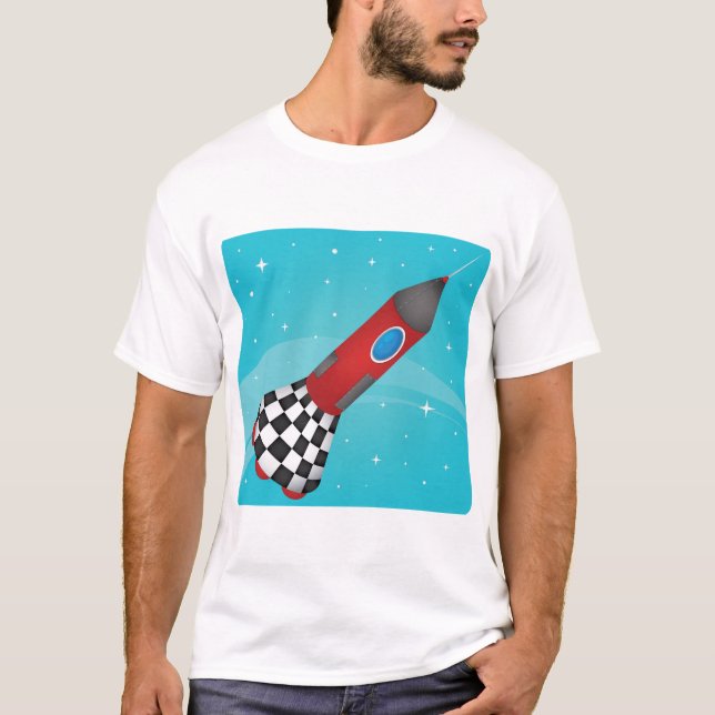 Camiseta Retro Red Rocket Ship in Space Galactic (Frente)