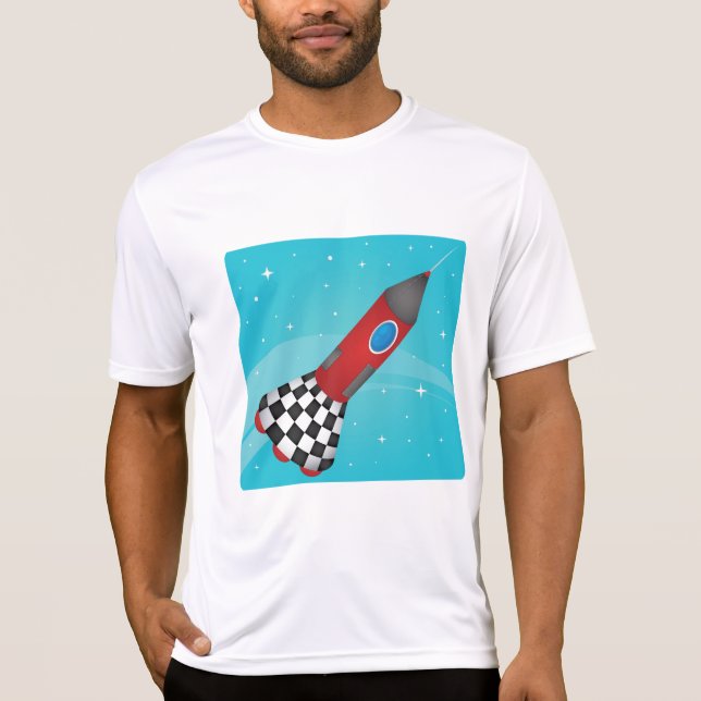 Camiseta Retro Red Rocket Ship in Space Galactic (Frente)