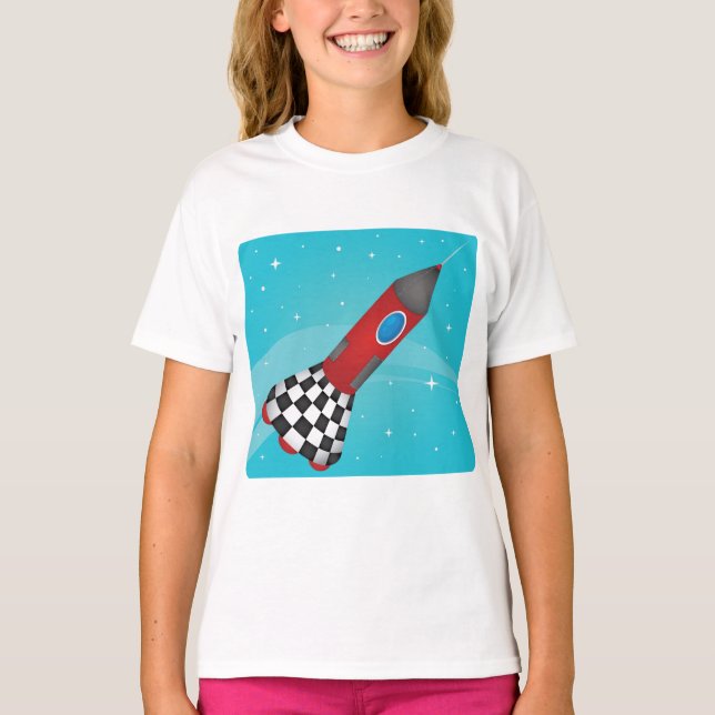 Camiseta Retro Red Rocket Ship in Space Galactic (Frente)
