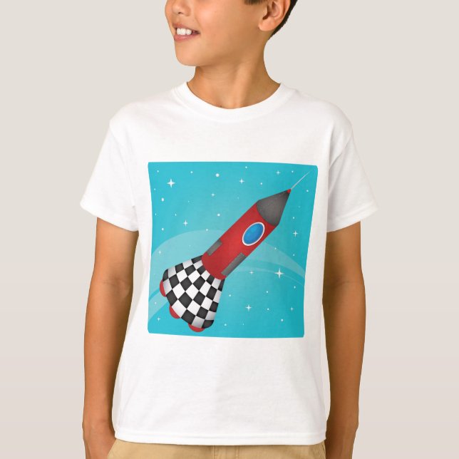 Camiseta Retro Red Rocket Ship in Space Galactic (Frente)