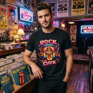 Camiseta Retro Rock Around the Clock dos anos 50 Caixa de S