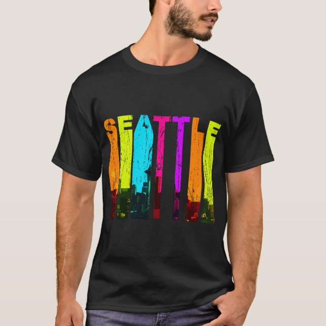 Camiseta Retro Seattle Washington Cityscape Skyline (Frente)