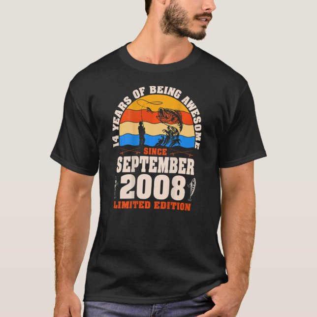 Camiseta Retro Setembro De 2008 Pesca com 14 Bir, 14 Anos (Frente)