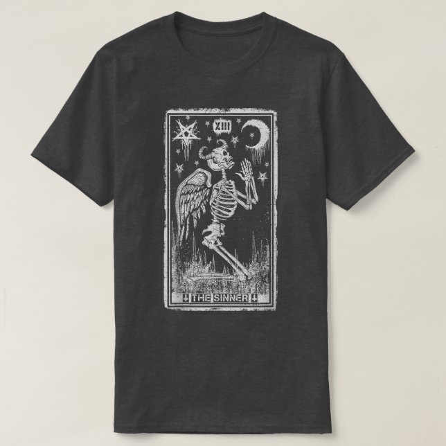 Camiseta Retro Skeleton Kneeling A Placa De Tarot Do Sinner (Frente do Design)