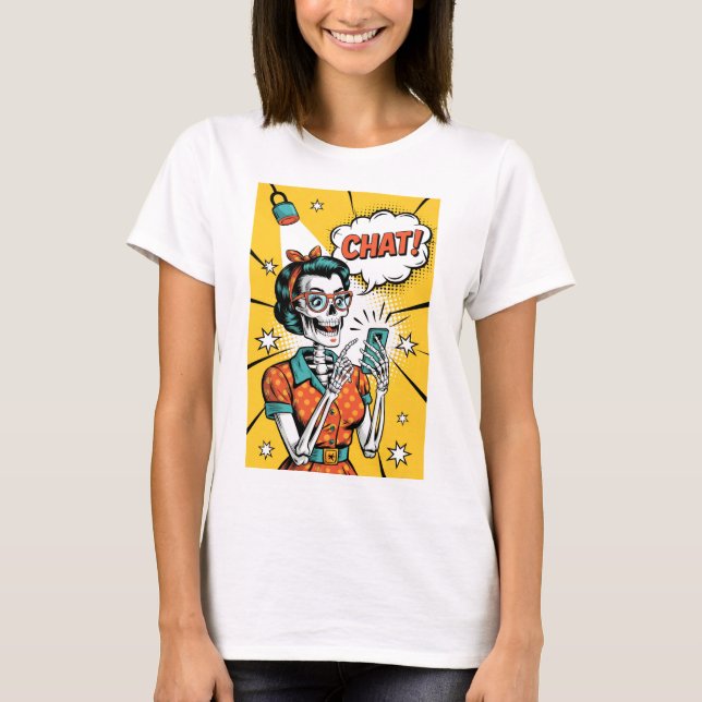 Camiseta Retro Skeleton Women in Chat - Clássica Pop Art (Frente)