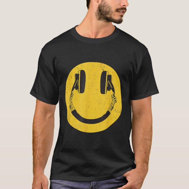 Camiseta Retro Smile Music Face Fones de ouvido dos anos 90 (Frente)