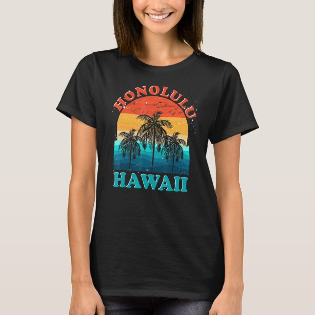 Camiseta Retro Summer Hawaiian Beach Palm Trees Honolulu Ha (Frente)