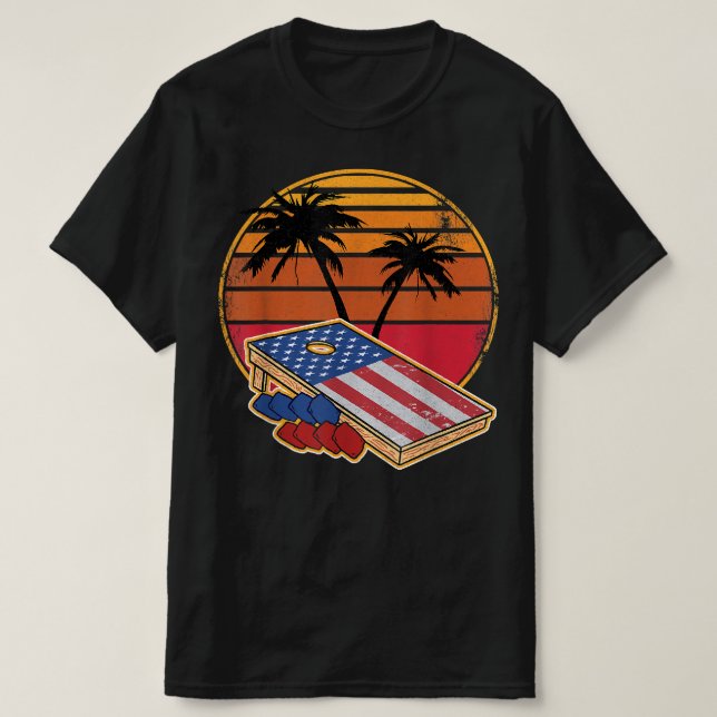 Camiseta Retro Sunset CornHole Conselho American Flag Cornh (Frente do Design)