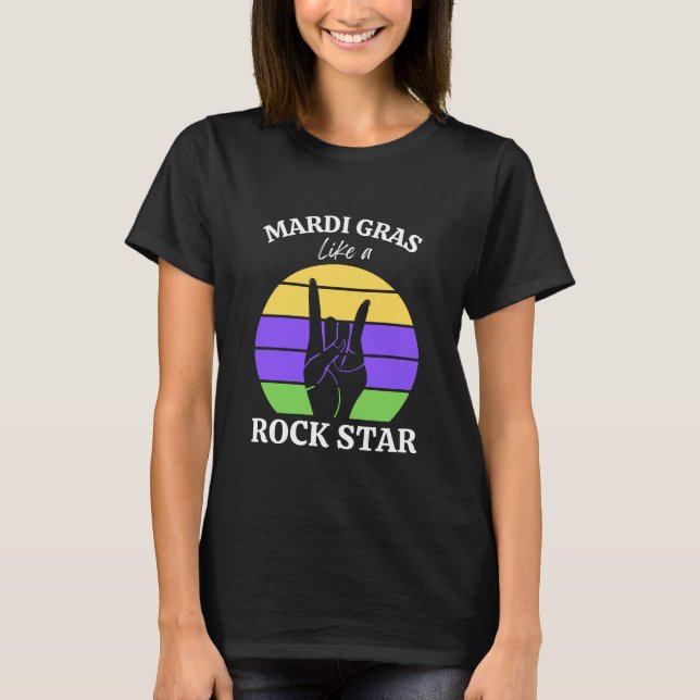 Camiseta Retro Sunset Mardi Gras Como uma Estrela de Rock (Frente)