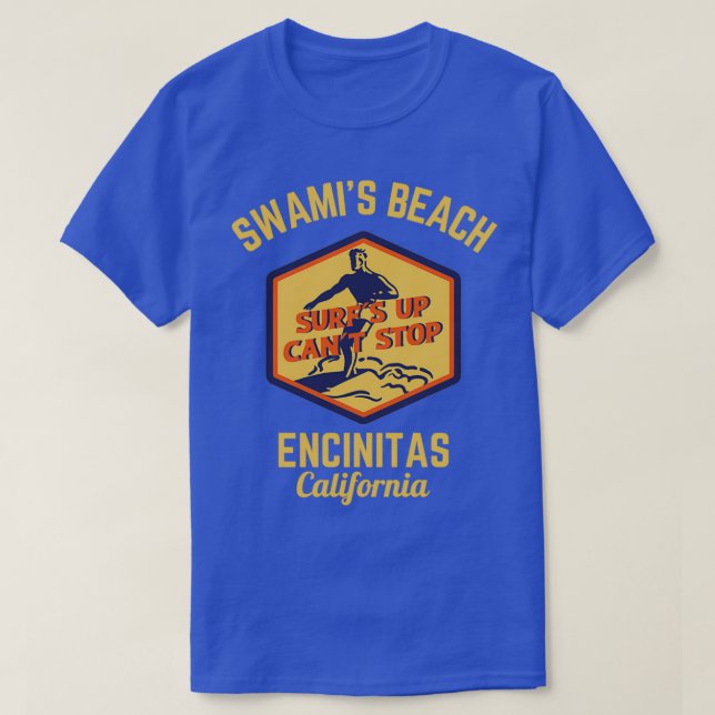Camiseta Retro Swamis Beach Encinitas California Texto Dour (Frente do Design)