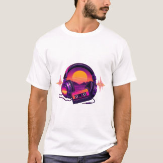 Camiseta Retro Synthwave Kopfhörer Im Sonnenuntergang
