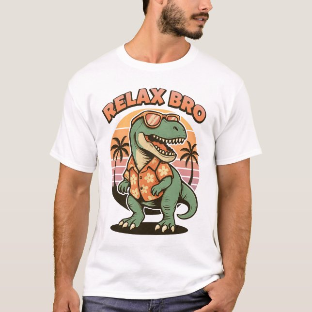 Camiseta Retro T-Rex Chill Vibes - Relaxe Bro Beach Shirt (Frente)