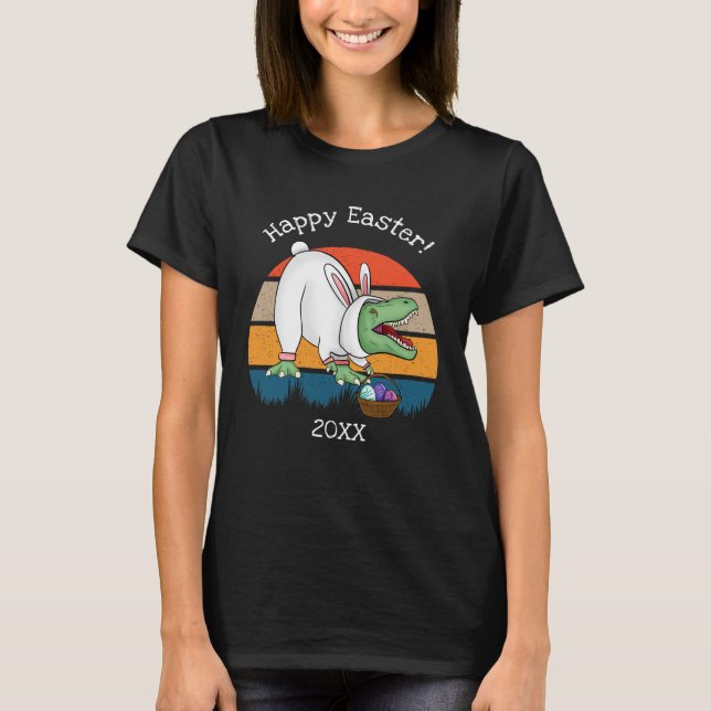 Camiseta Retro T-Rex na Caça de Ovos de Coelhinho da Páscoa (Frente)