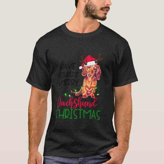 Camiseta Retro Tenha Sua Feliz Dachshund Christmas Wein (Frente)