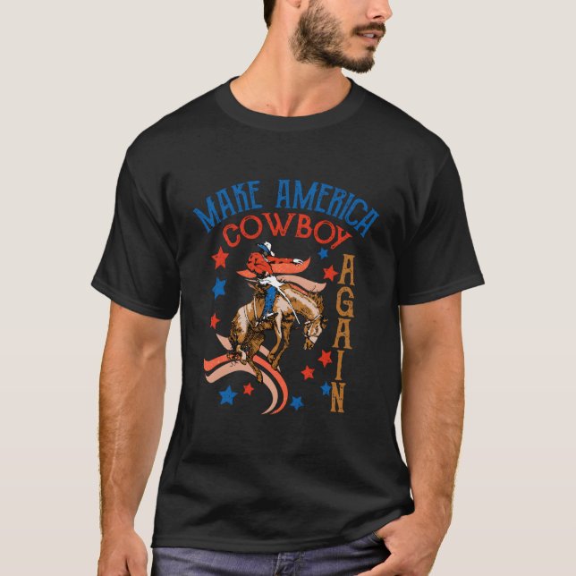 Camiseta Retro Us Flag Cowboy Bucking Horse 4 De Julho (Frente)