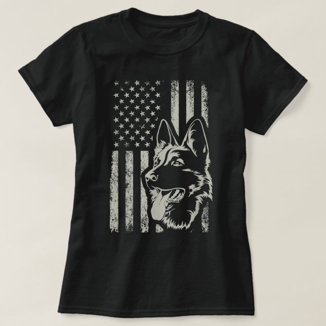 Camiseta Retro US Flag German shepherd Dog Mães 4 de julho  (Frente do Design)
