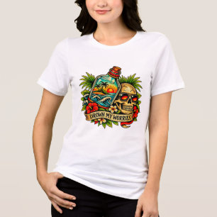 Camiseta Retro Verão Caveira Mensagem numa Garrafa Praia mu