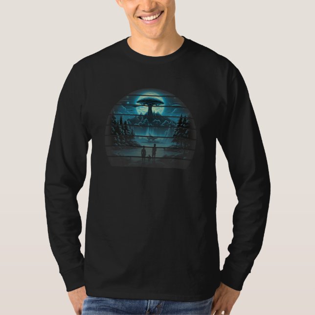 Camiseta Retro vintage alienígena ufo espaçonave com pessoa (Frente)