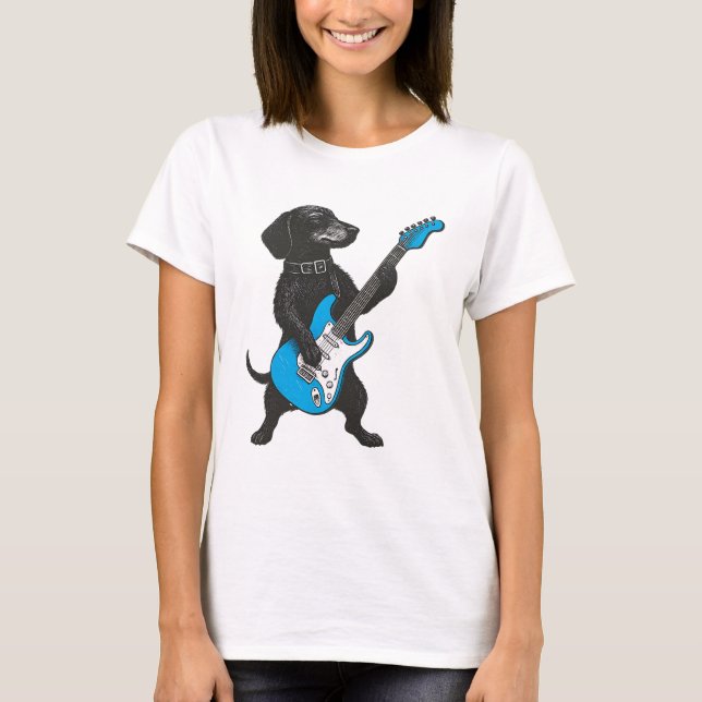 Camiseta Retro Vintage Dachshund Weenie Playing Guitar (Frente)