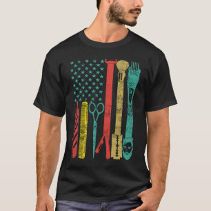 Camiseta Retro Vintage EUA Flag Barbershop Barber Tools Hai
