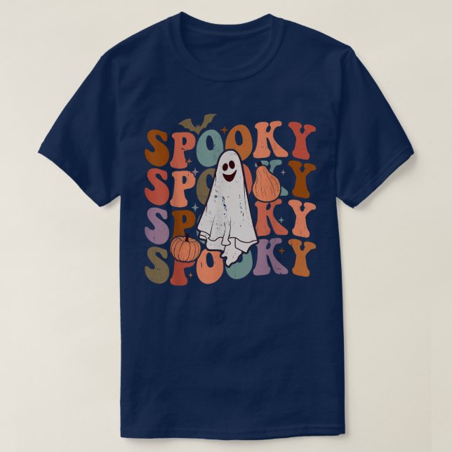Camiseta Retro Vintage Spooky Ghost Bat Fall Halloween (Frente do Design)