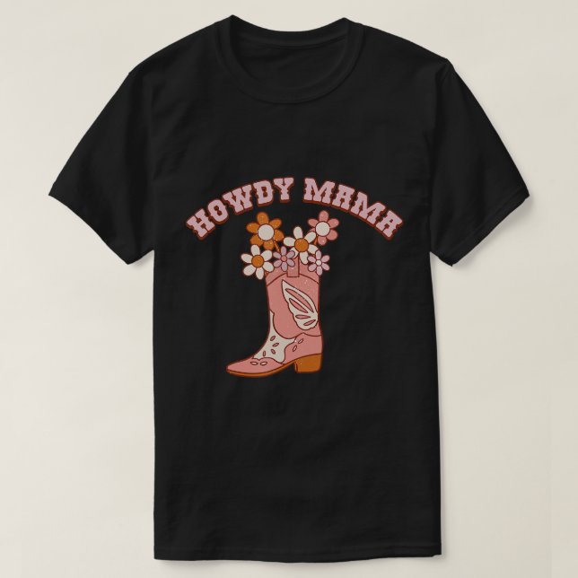 Camiseta Retro Western Howdy Mama Cowgirl Boots Flower Moth (Frente do Design)