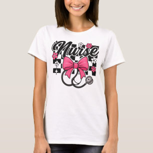 Camiseta Retro Xadrez Enfermeira Laço Preto e Rosa Coquette