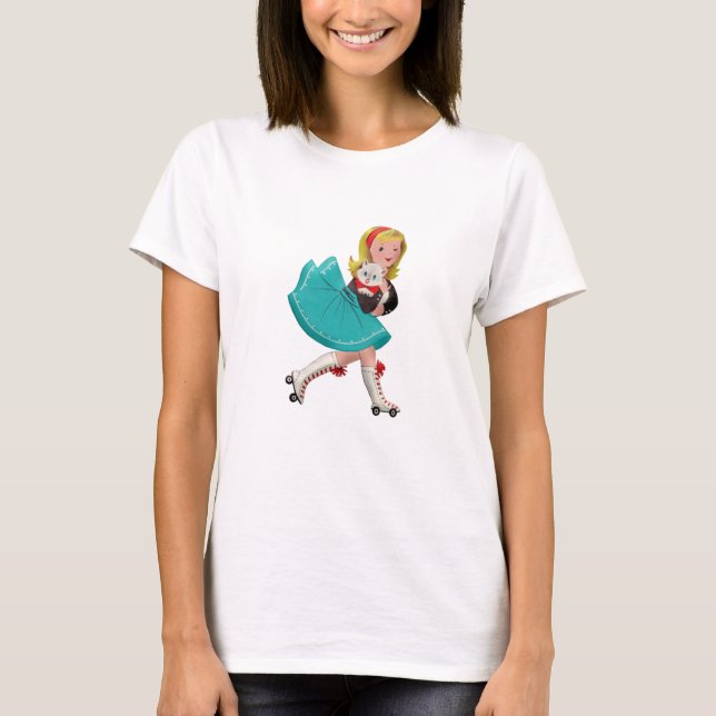 Camiseta Retrora menina em skates rolantes (Frente)