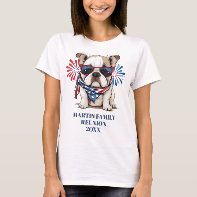 Camiseta Reunião da família Red Blue Buldog em 4 de julho (Frente)