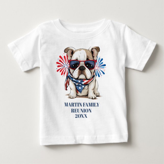 Camiseta Reunião da família Red Blue Buldog em 4 de julho (Frente)