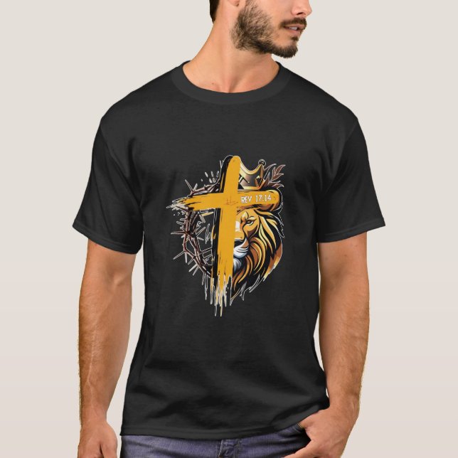Camiseta Rev 17:14 Rei dos Reis - Unisex Cruzado Leão (Frente)