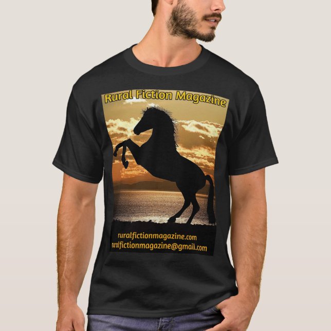 Camiseta Revista de ficção rural (cavalo de criação com pôr (Frente)