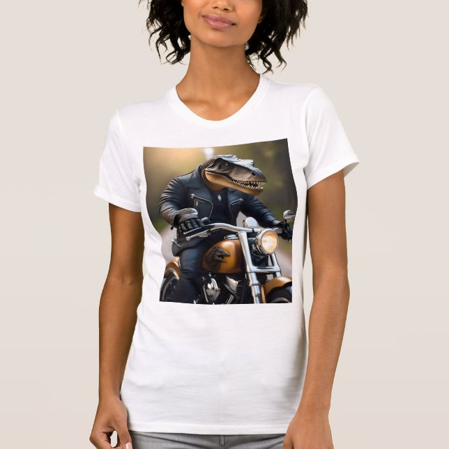 Camiseta "Rex Acelerado: T-Rex de Couro em uma Moto (Frente)