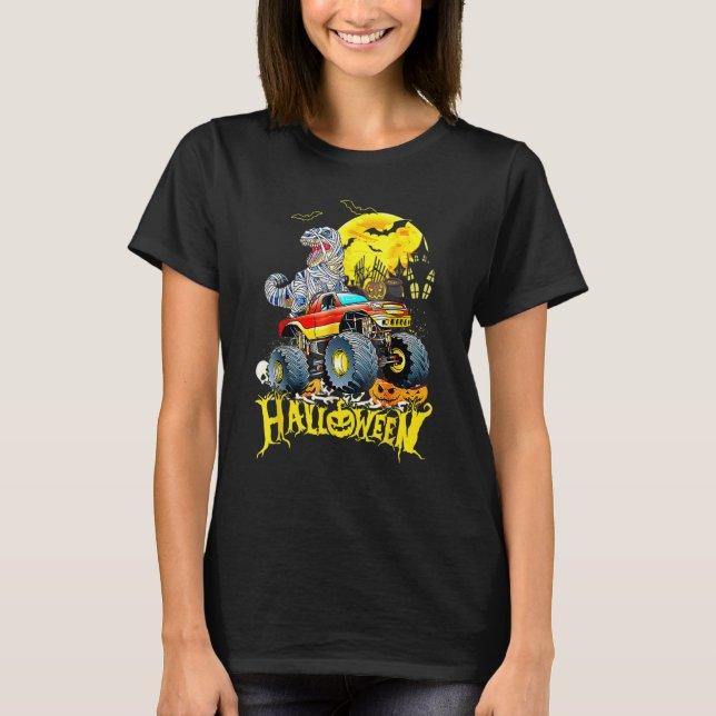 Camiseta Rex Saurus Andando Monstro Caminhão Feliz Hallowee (Frente)