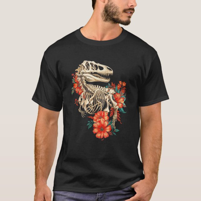 Camiseta Rex Skeleton Bones Flores Dino Paleontology Dinos (Frente)