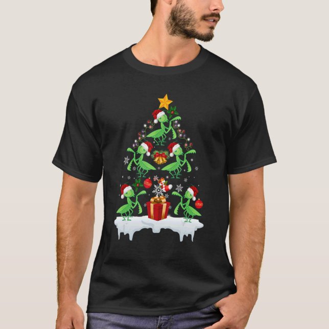 Camiseta Rezando a Árvore Enfeites de natal Mantis Xmas (Frente)