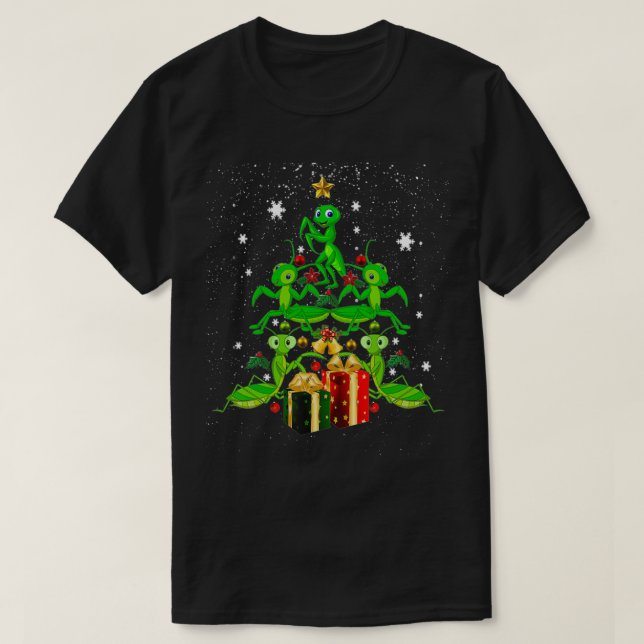 Camiseta Rezando Mantis Enfeites de natal Árvore Engraçado  (Frente do Design)