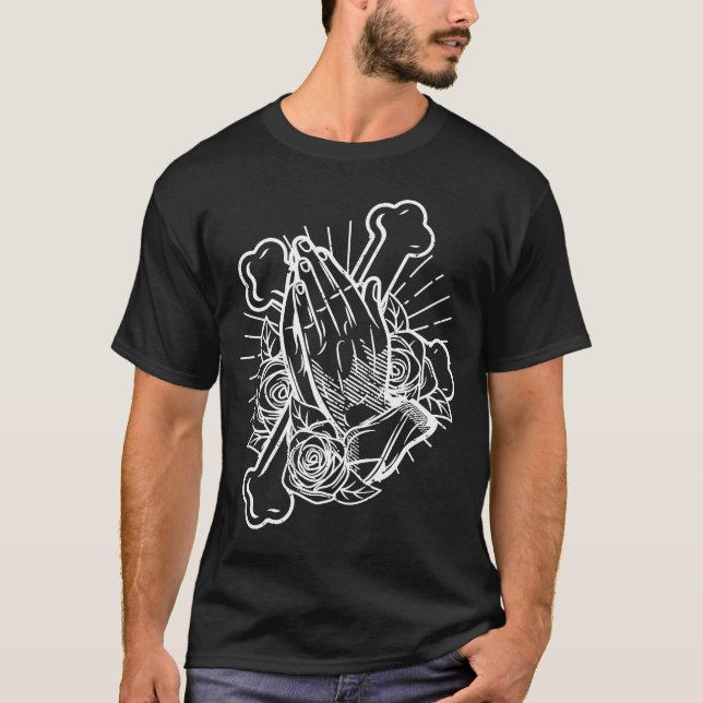 Camiseta Rezando mãos com rosas e cruz (Frente)