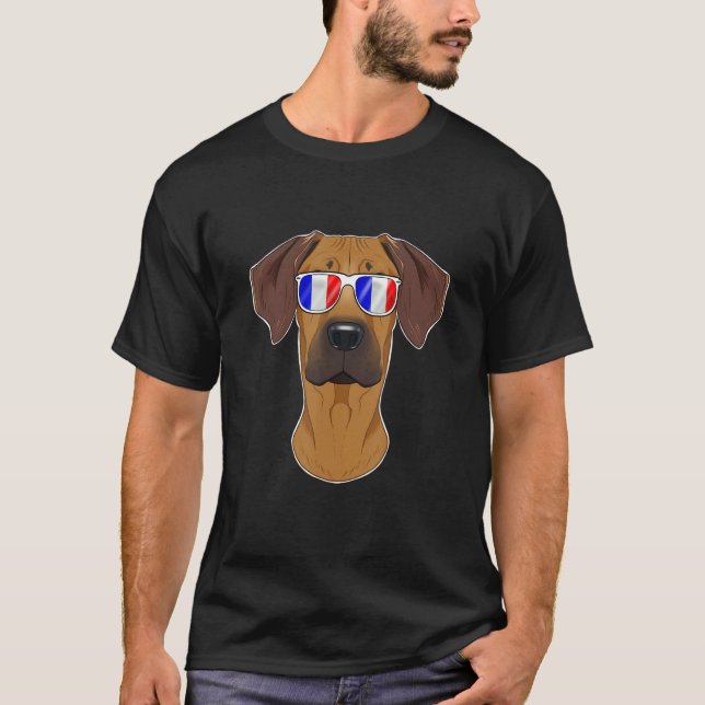 Camiseta Rhodesian Ridgeback França Óculos de Sol I Bandeir (Frente)