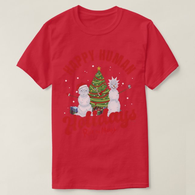 Camiseta Rick and Morty Christmas Happy Human Holidays Cele (Frente do Design)