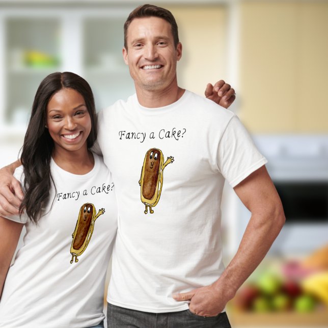 Camiseta Rico a bolo Engraçado Chocolate Eclair Quirky Art (Fancy a cake quote chocolate eclair cute cartoon art T-shirt for sweet treat, baking and cake lovers)