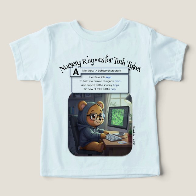 Camiseta Rimas Infantis para Pequenos Técnicos: A é de Apli (Design frontal)