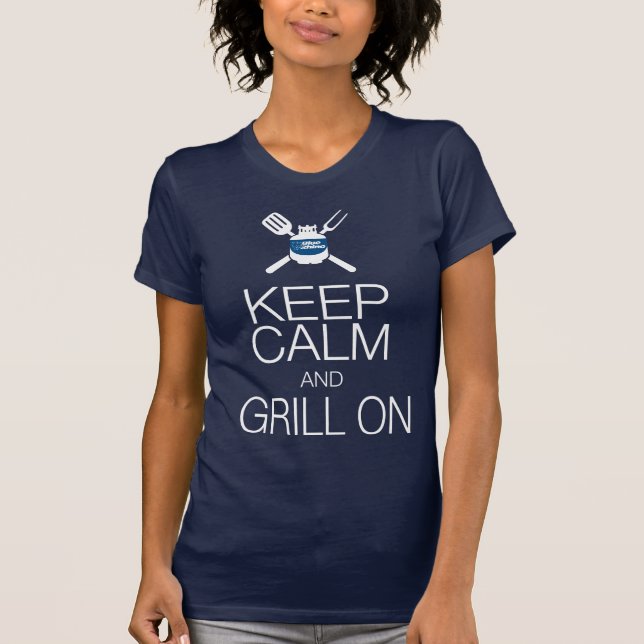 Camiseta Rino Azul "Fique Calmo, Grill On" (Frente)