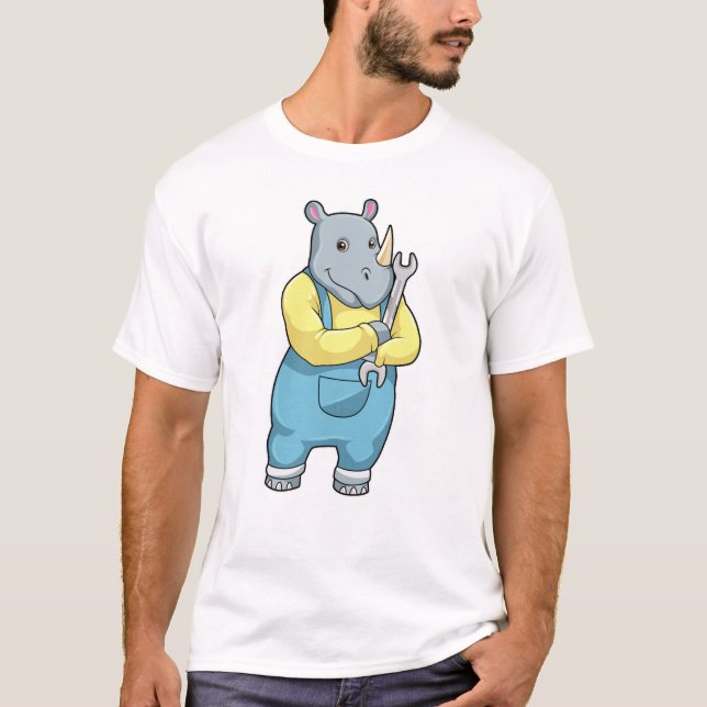 Camiseta Rino como mecânico com chave inglesa (Frente)